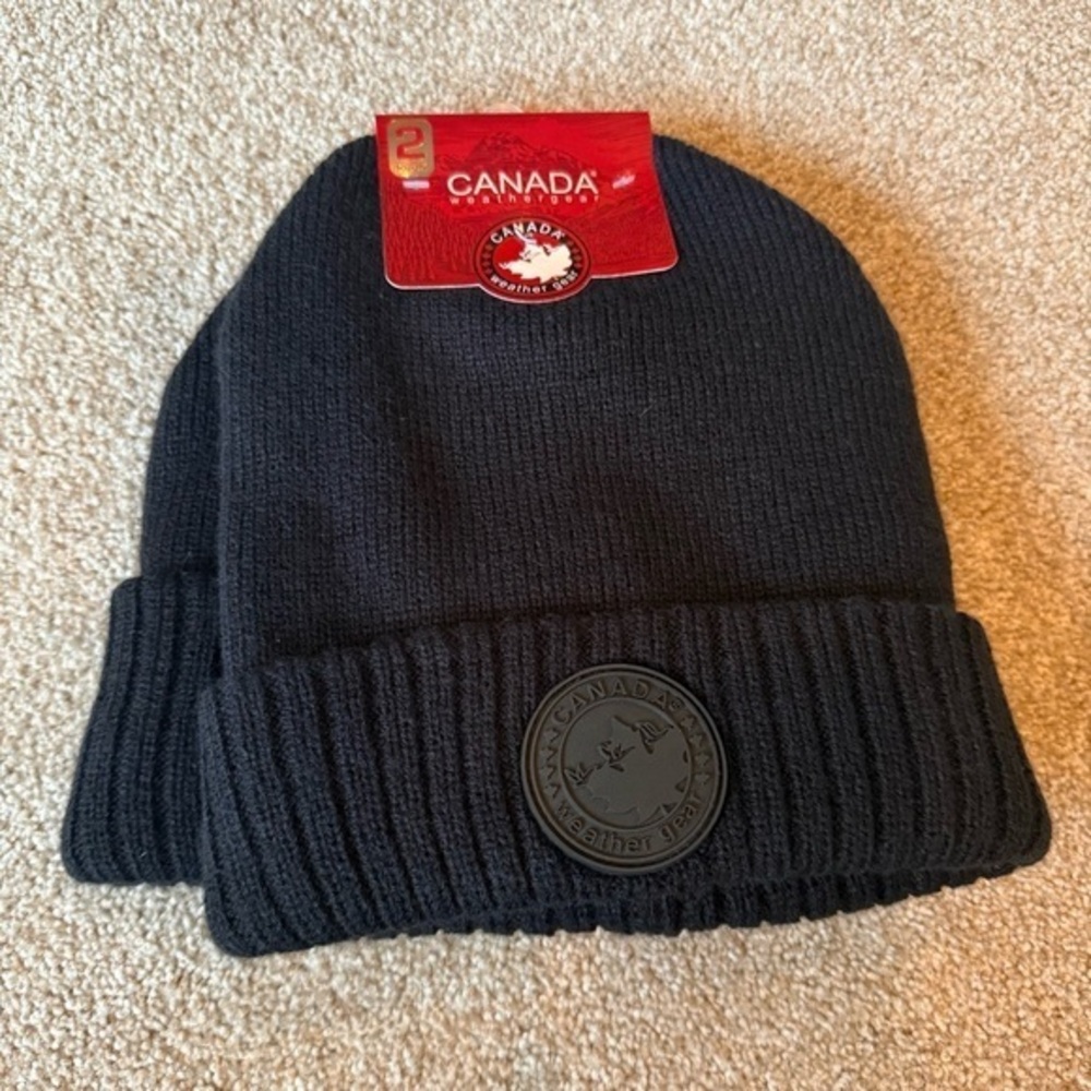 NWT Canada Weathergear 2-pack black beanie hats with rubber logo